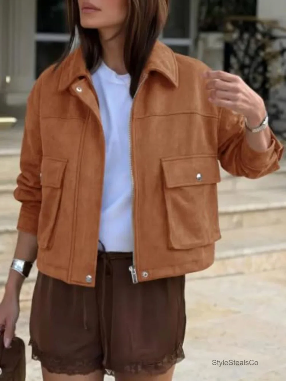 Faux Suede Cropped Bomber Jacket Zip Up Stand Collar Casual Coat